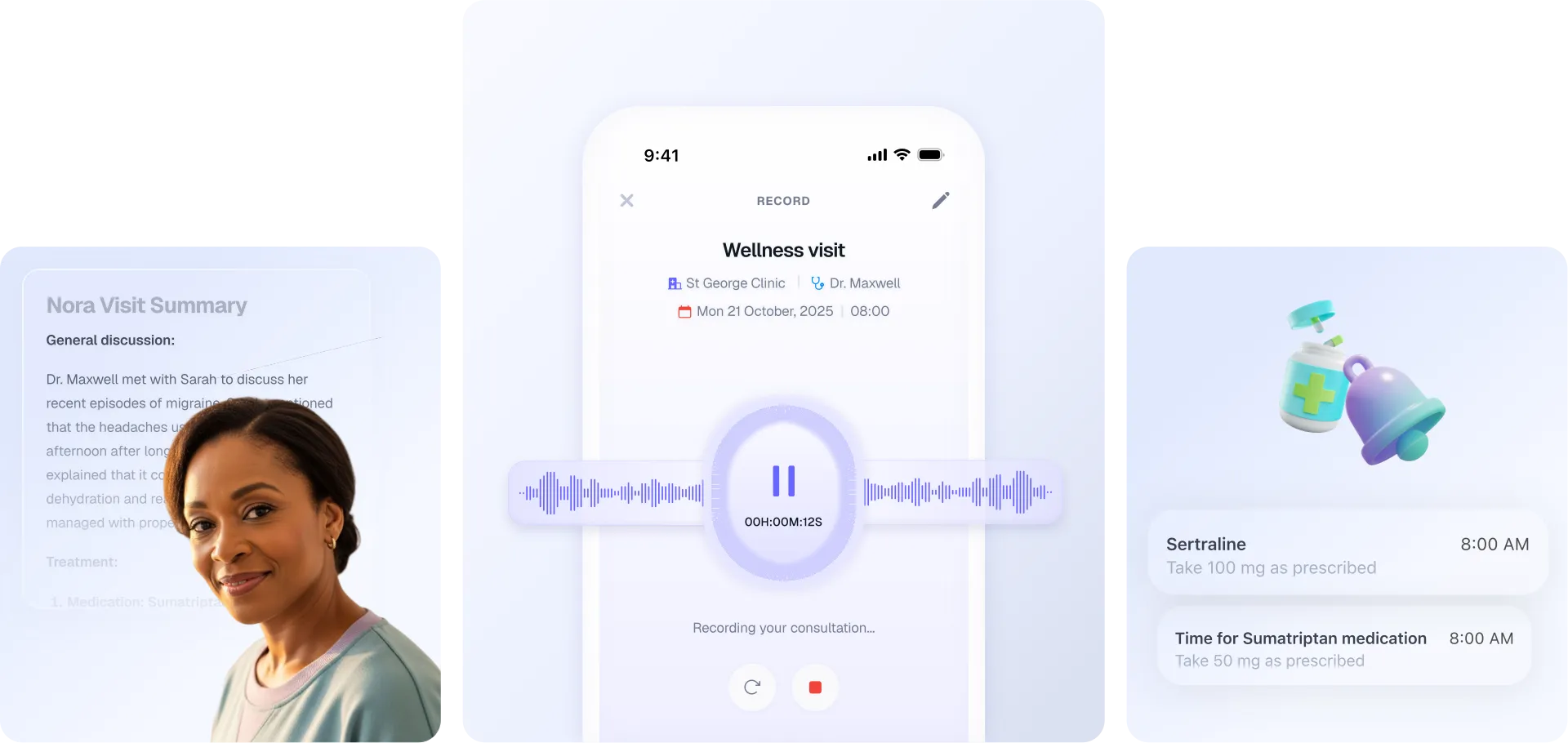 AlignCare app displaying visit notes, medication reminders, and next steps