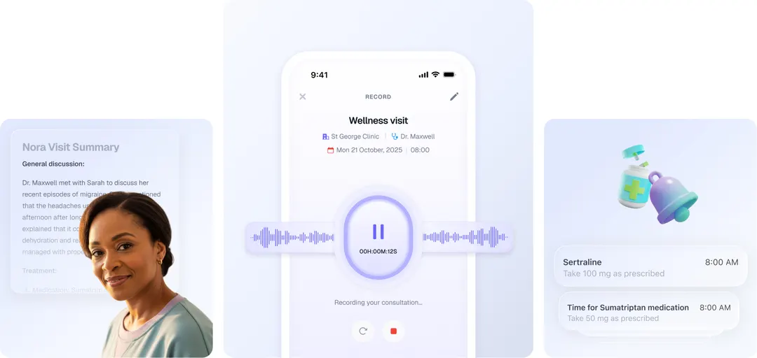 AlignCare app displaying visit notes, medication reminders, and next steps